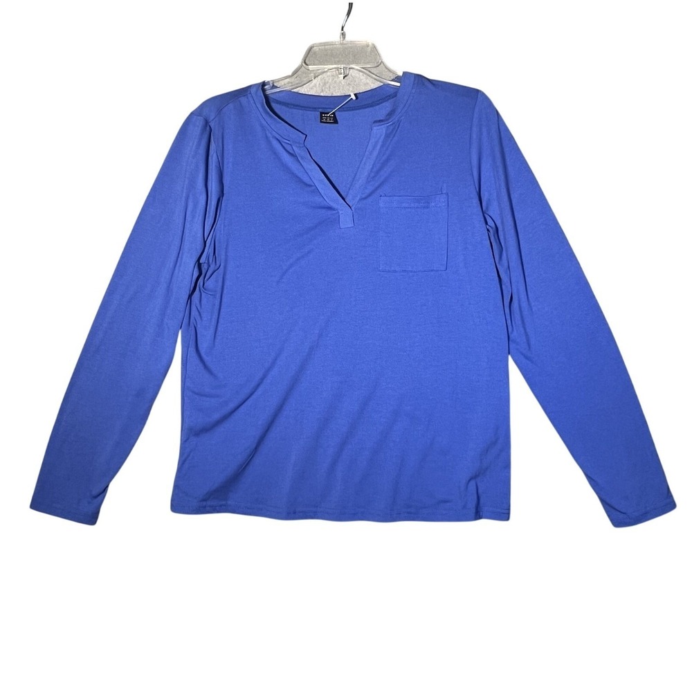 SHEIN Women's Blue Split Neck Long Sleeve Knit Top Size M Chest Pocket Casual